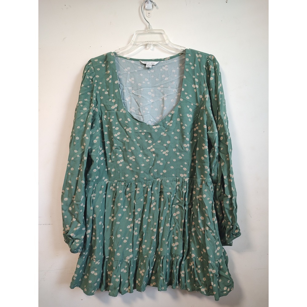 American Eagle Women XL Sage Green Daisy Floral Babydoll Mini Dress Square Neck